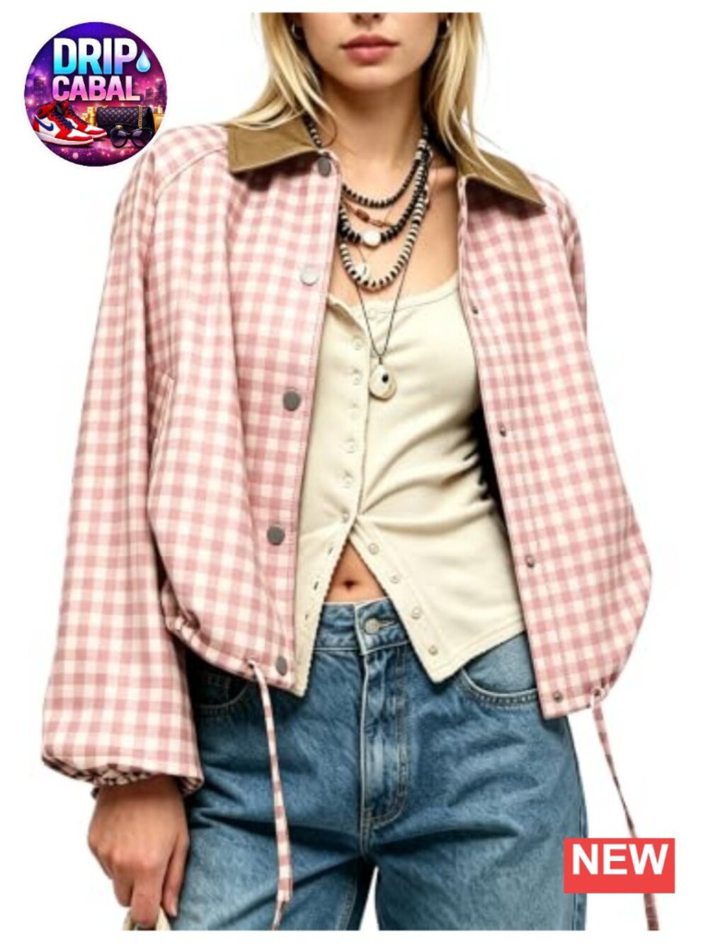Women Gingham Shacket Corduroy Collar Snap Button Cropped Jacket